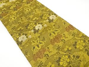 アンティーク　扇に牡丹・桐笹模様織出し丸帯（材料）